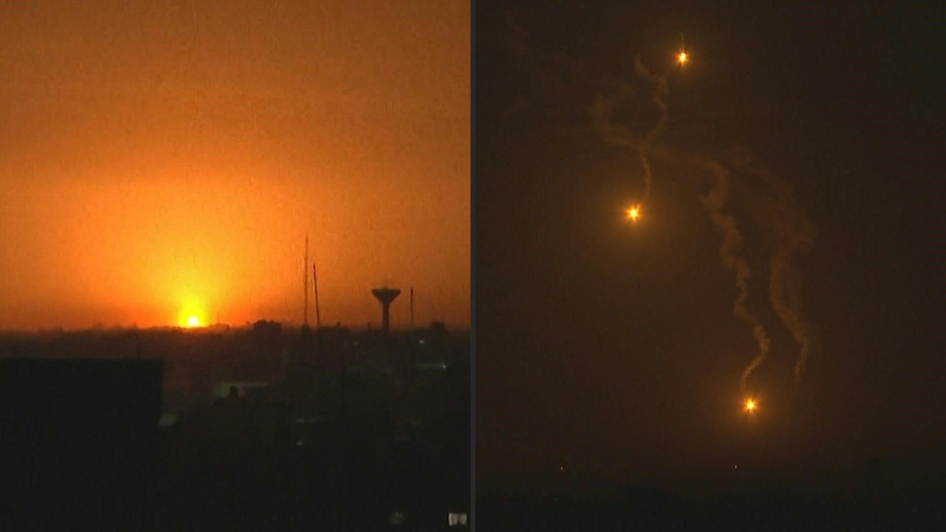 Air strikes and flares over northern Rafah at night