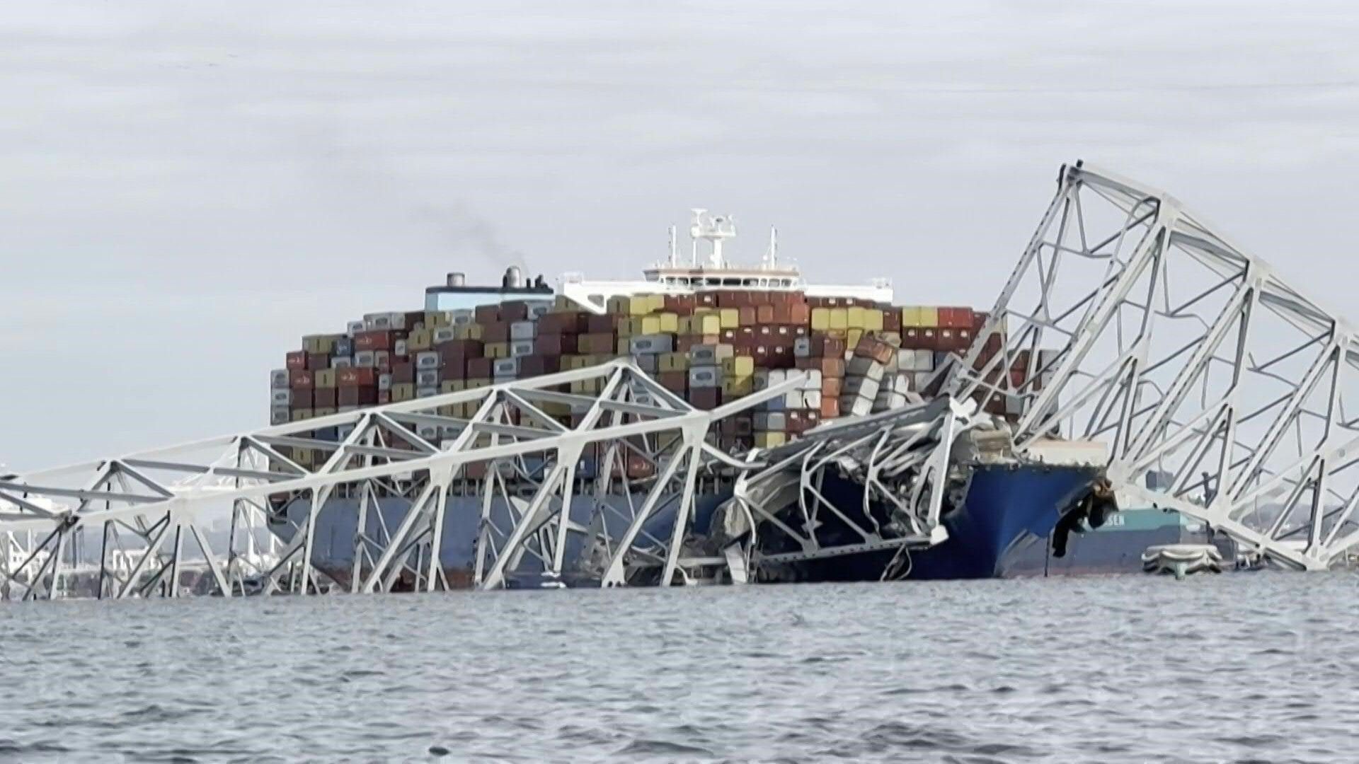 Images of collapsed Baltimore bridge and container ship