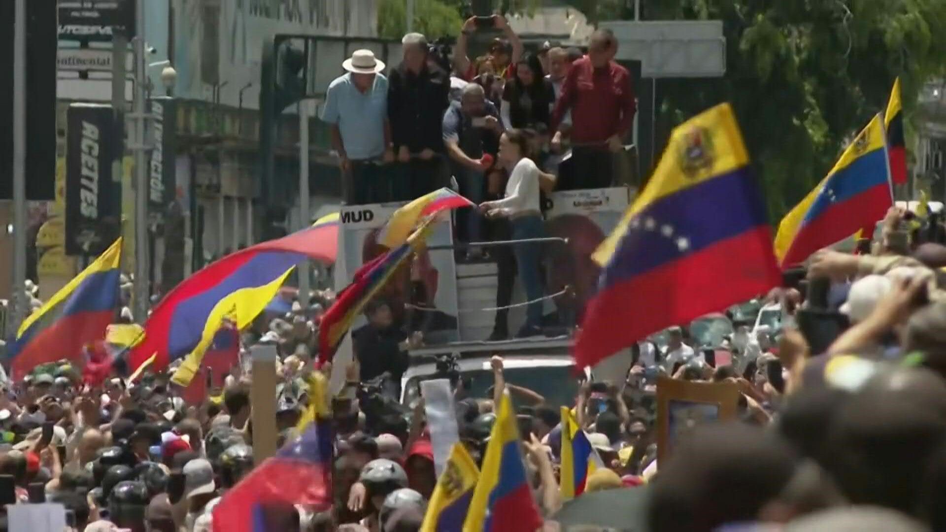 Venezuela opposition leader Machado arrives at anti-Maduro election protest