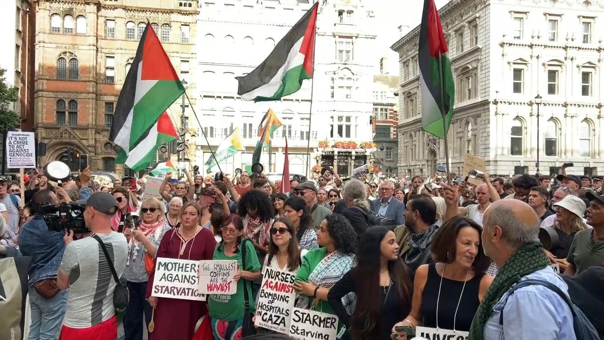 Pro-Palestinian protesters bang on pots and pans during rally in London