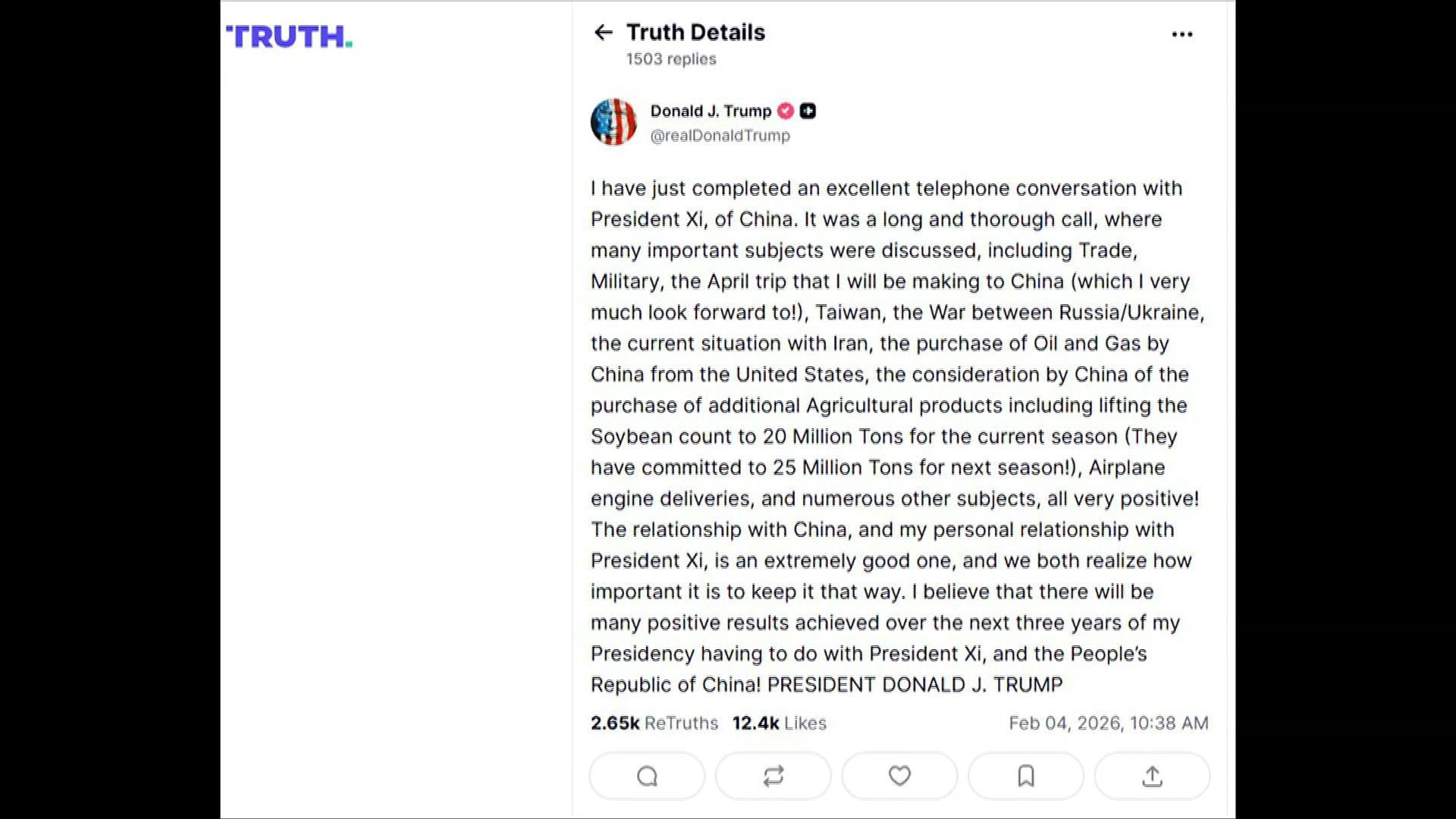 Video: Trump says US-China ties 'extremely good' after Xi phone call (Truth Social)