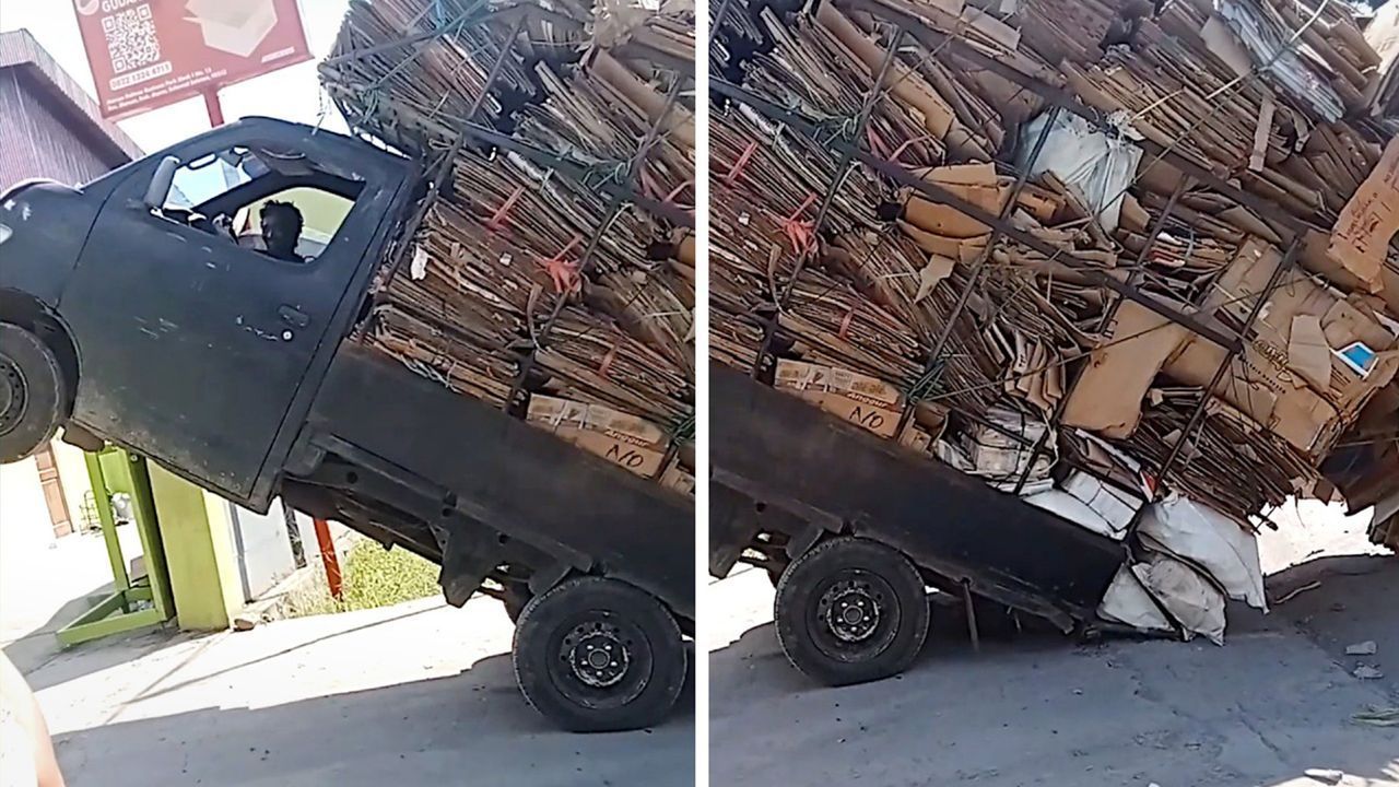 Pick-up hebt ab: Vollgestopftes Auto scheitert an Ladung