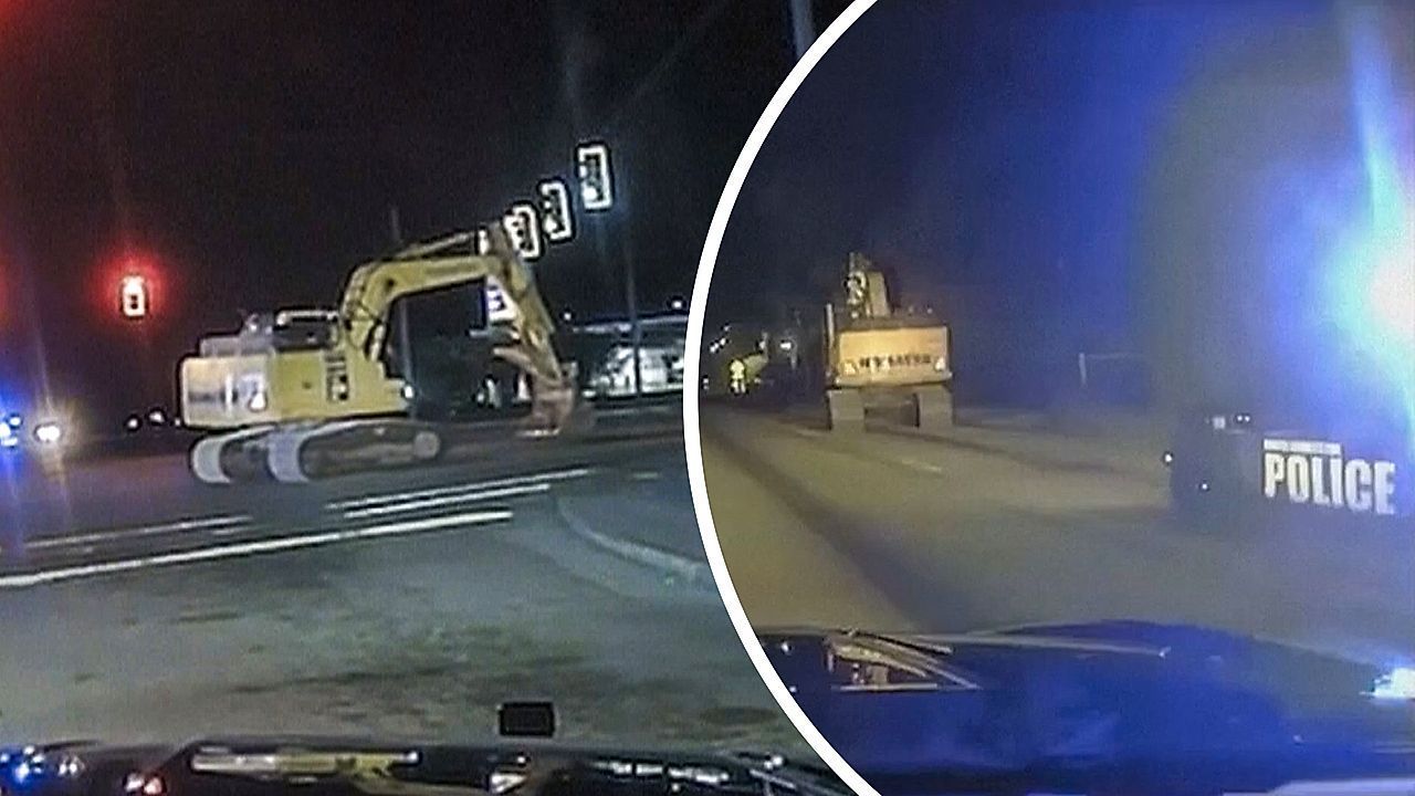 Video: Verfolgungsjagd im Schneckentempo: Polizisten stellen flüchtigen Bagger