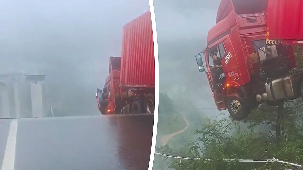 Brücke in China eingestürzt – Lkw-Fahrer hängt über Abgrund