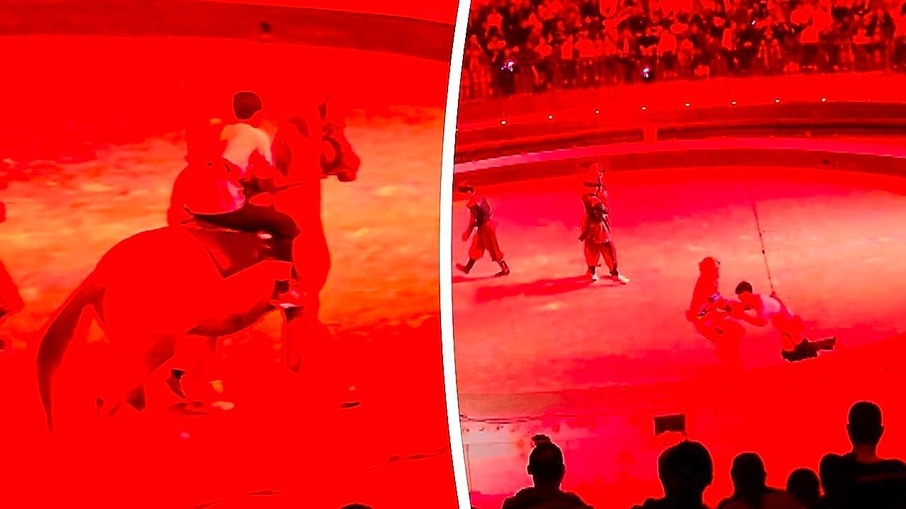 Circusgoes looses pants in front of laughing crowd during horse-riding experience