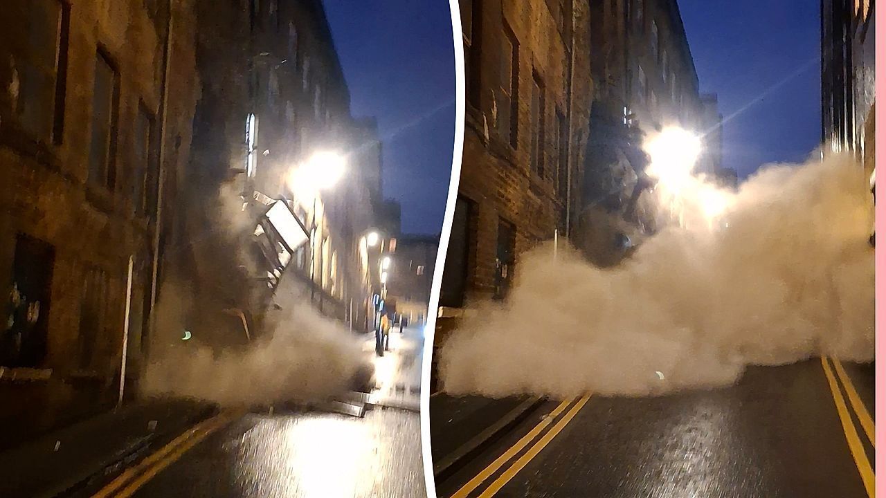 Video: Dramatic moment an abandoned building collapses - leaving piles of rubble on road