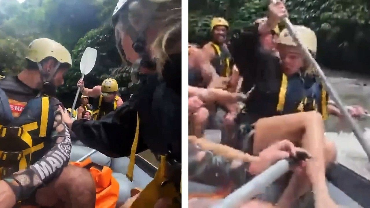 Whitewater rafters in Indonesia joined by creepy-crawly guests