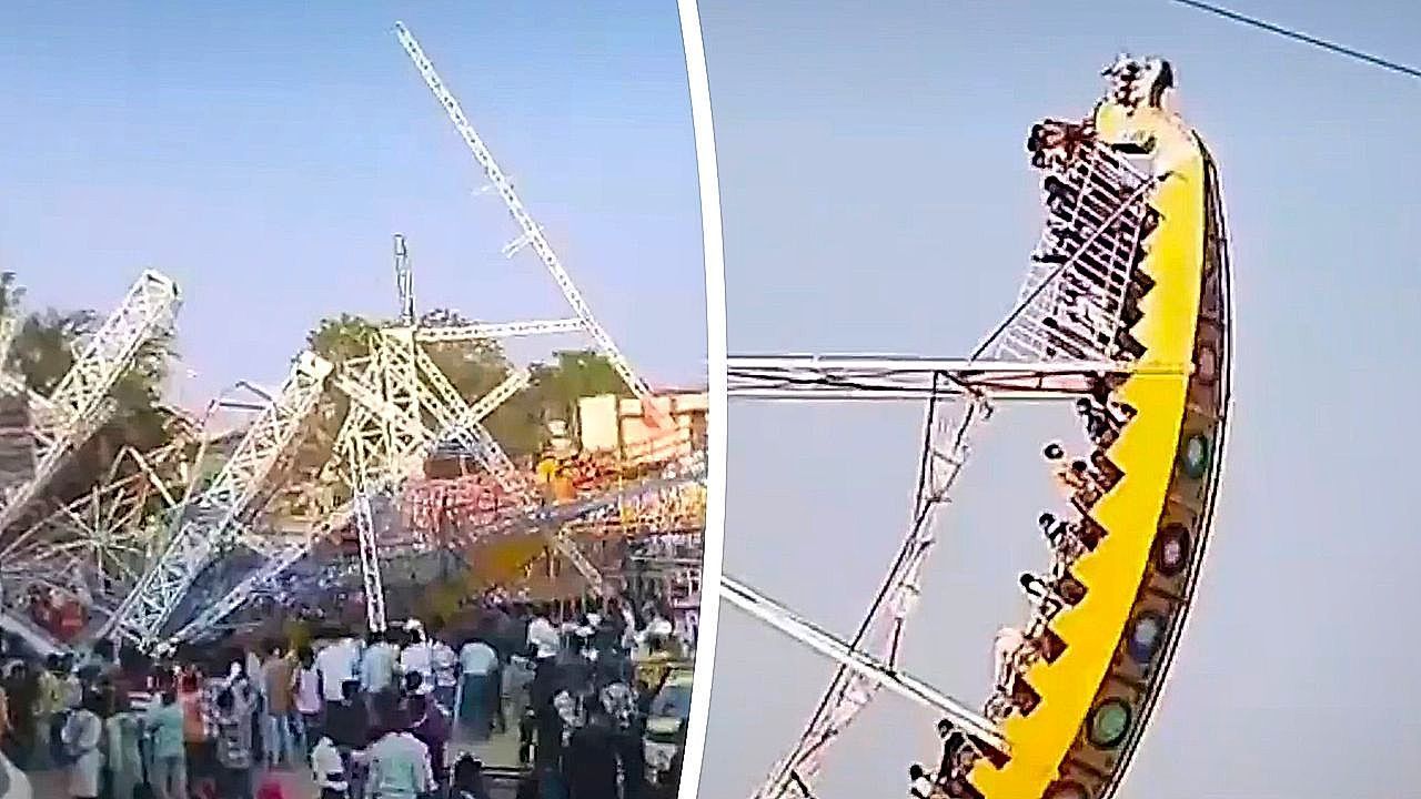 Video: Fairground thrill turns to terror as giant swing collapses