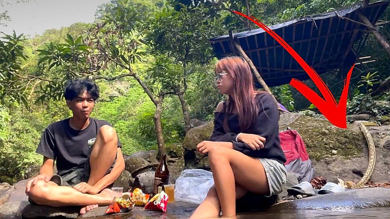 Video: Picnic by riverside takes sudden turn after unexpected visitor appears