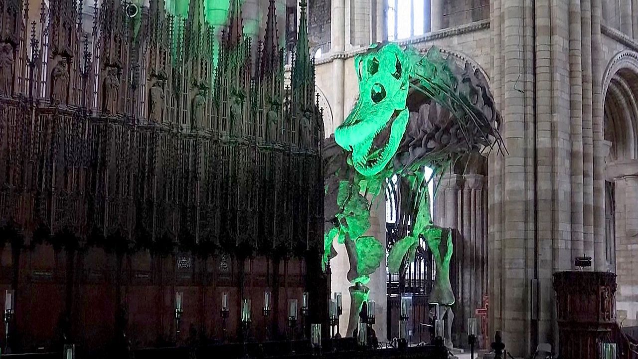 Video: Gigant im Gotteshaus: Weltgrößter Dino zieht in englische Kathedrale ein