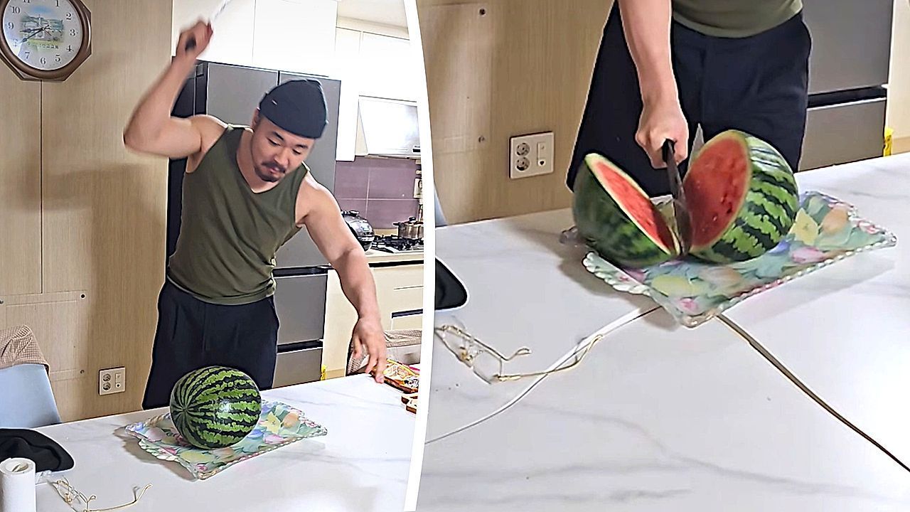 Video: Zu viel Schwung: Mann zerhackt beim Melonenschneiden den Küchentisch