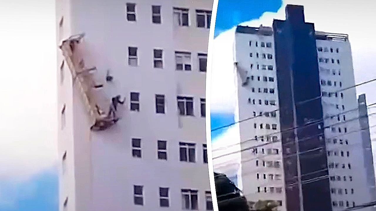 Video: Workers left hanging after scaffolding collapses on tower block