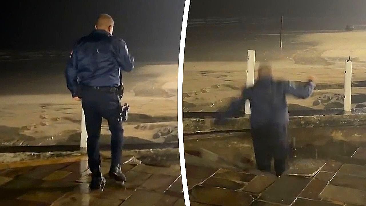 Video: Gehweg gibt nach: Stadtbeamter stürzt in plötzliches Senkloch in Brasilien