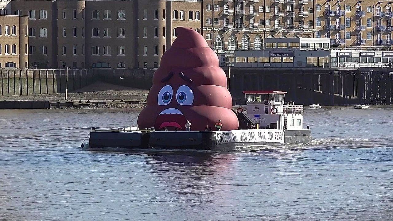 Video: Danny Dyer floats giant poo emoji down the Thames to Downing Street in water nationalisation protest
